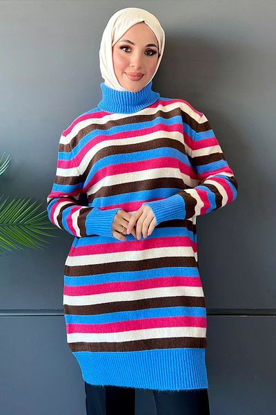 julude Tricotaj pentru femei Hijab, cu modele, cu linie albastră cu gât rotic