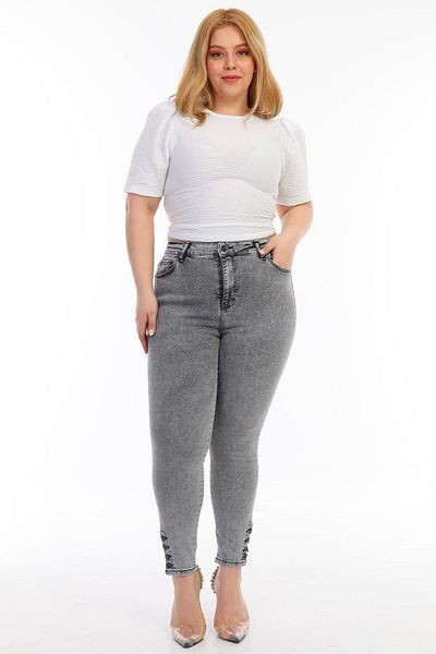 PodiumStar Women's Large Size Light Gray High Waist Full Lycra Slim Fit Shiny Spread Jeans