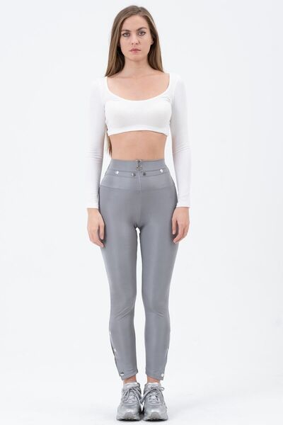 PodiumStar Kadın Gri Yüksek Bel Gümüş Düğme Detaylı Fermuarlı Parlak Disco Tayt