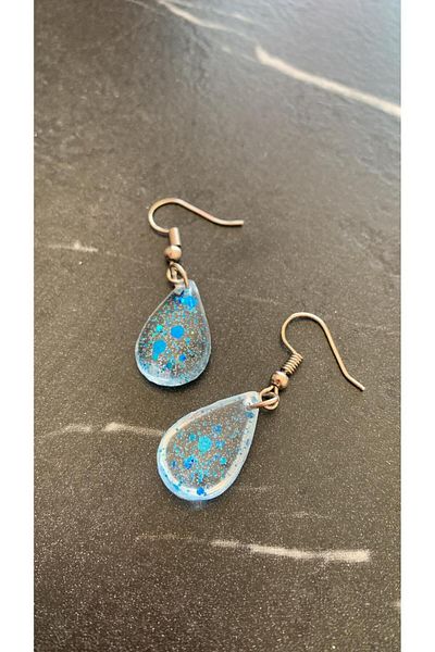 MISS GOLDEN Transparent Epoxy Earrings with Blue Glitter Decoration and Silver Accessories - Small Drop Shape Handmade