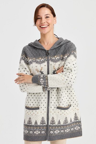 Desen Triko Women's Hooded Deer Patterned Wool Cardigan Smoked
