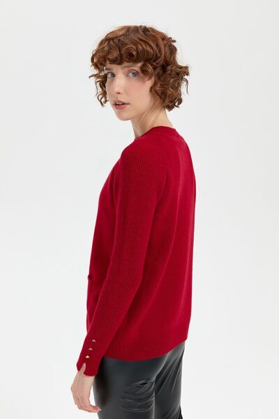 Desen Triko Red Women's Woolen Sweater - Zero Collar, Seamless and Pocket