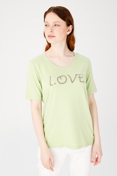Desen Triko Tricou de damă cu mânecă scurtă cu gât roșu și bumbac pieptănat Love Written F.green