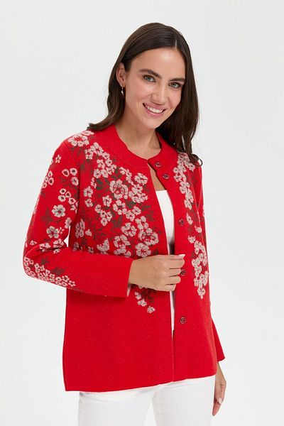 Desen Triko Coral Colored Stand Collar Puppy Flower Patterned Women's Woolen Jacket
