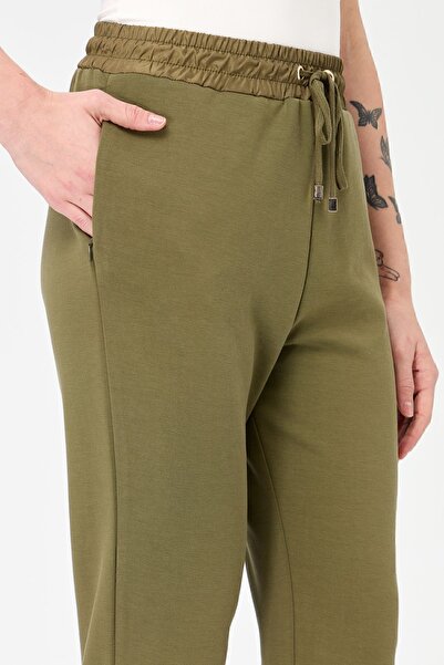 Desen Triko Kadın Beli Bağcıklı Cepli Eşofman Pantolon Haki