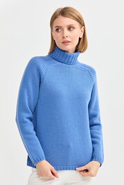 Desen Triko Pulover de damă din lână cu gât tricotat cu umeri - O.Blue