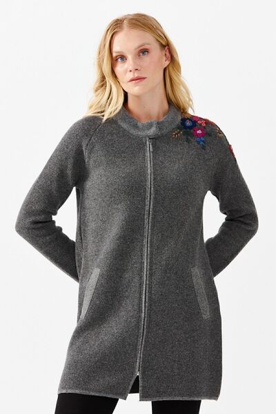 Desen Triko Women's Stand Collar Shoulder Embroidered Long Cardigan Smoked