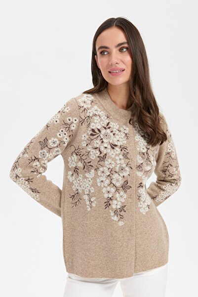 Desen Triko Beige Women's Woolen Jacket - Stand Collar and Puppy Flower Pattern