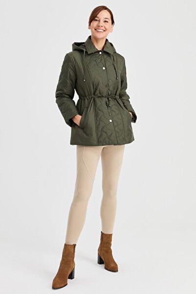 Desen Triko Women's Hooded Waist Tied Quilted Coat Khaki