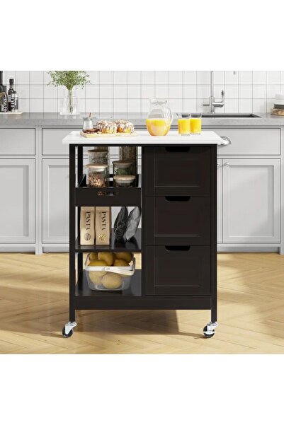 VARSTHREE 3 Çekmeceli ve 3 Depolama Raflı Tekerlekli Modern Mutfak Arabası