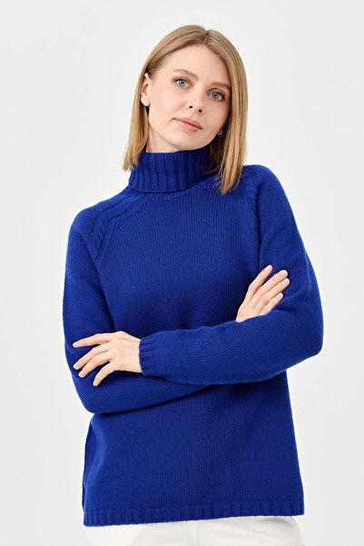 Desen Triko Pulover de lână pentru femei, cu gât complet și păr împletit pe umeri - K.s.blue