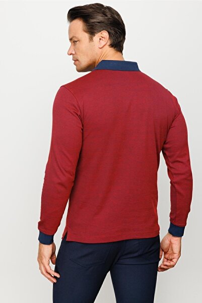Desen Triko Erkek Polo Yaka Jakarlı Minik Desenli Sweatshirt Bordo