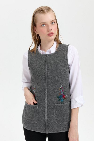 Desen Triko Smoke Color Women's Wool Vest - Null Collar and Pocket Embroidered