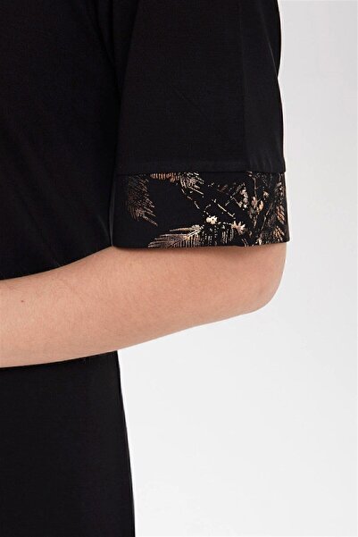 Desen Triko Women's Crew Neck Sleeves and Collar Patterned Combed Cotton Dress Black