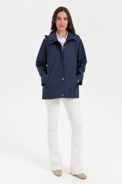 Desen Triko Kadın Kapüşonlu Yan Cepli Kısa Trençkot Lacivert