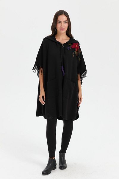 Desen Triko Black Shoulder Floral Hooded Women's Poncho