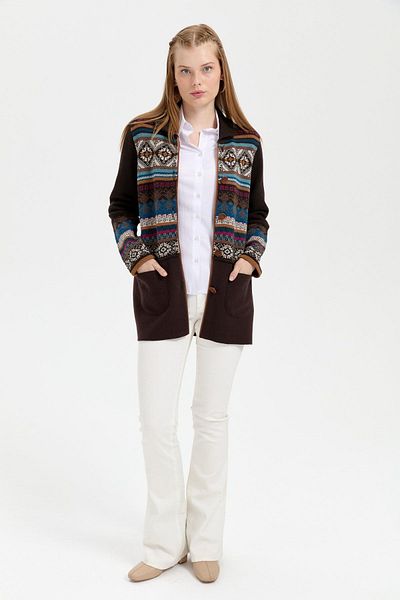 Desen Triko Cardigan de lână pentru femei cu gât polo - Fusta din pâslă, Araboy K.Brown