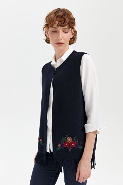 Desen Triko Navy Blue Women's Wool Vest - Crew Neck and Embroidered Skirt