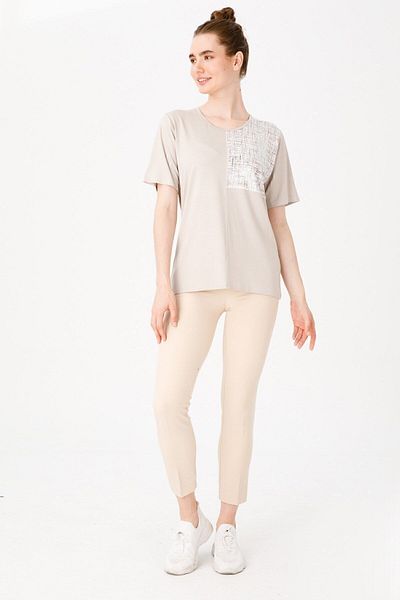 Desen Triko Women's Crew Neck Short Sleeve Fabric Combed Cotton Blouse Beige