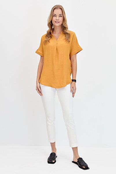 Desen Triko Women's Collar Stoned Maroken Shirt Mustard