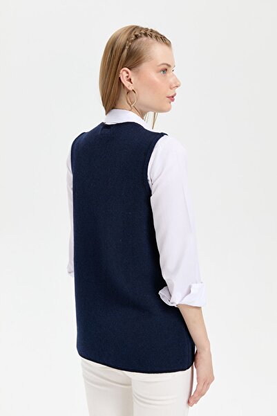 Desen Triko Women's Short Wool Vest - Zero Collar, Pocket Top Embroidered, Dark Navy