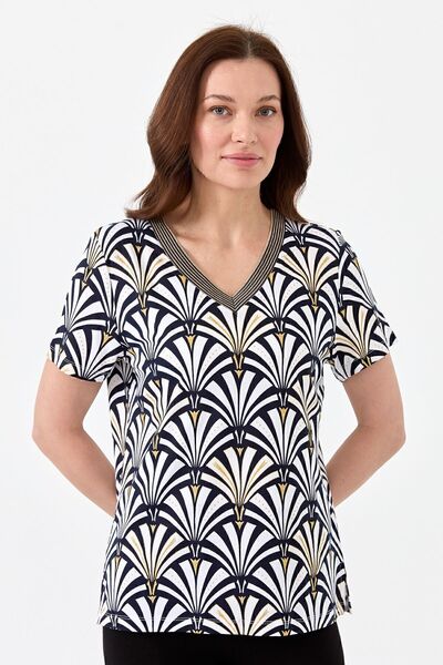 Desen Triko Γυναικείο μπλουζάκι με λαιμόκοψη V με χτενισμένο βαμβακερό σχέδιο Navy Blue