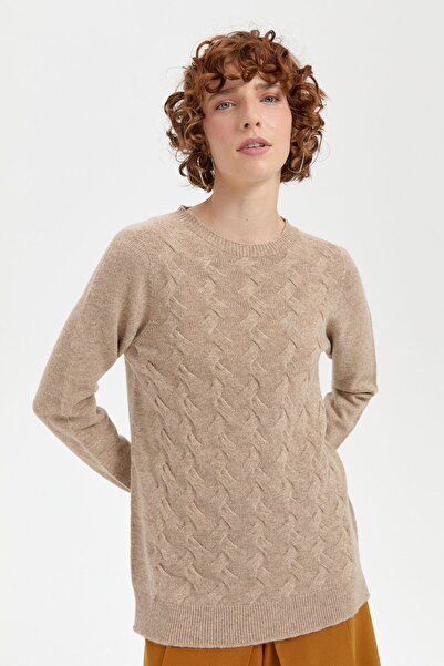 Desen Triko Beige Women's Woolen Sweater - Null Collar, Hair Braid, Seamless
