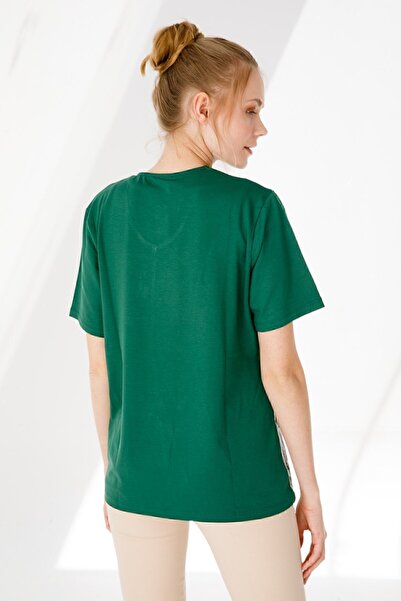 Desen Triko Women's V-Neck Short Sleeve Floral Printed Combed Cotton Blouse Dark Green