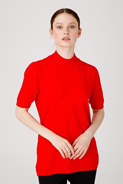 Desen Triko Women's Lycra Short Sleeve Half Fisherman Blouse Coral