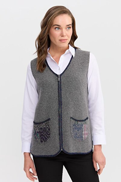 Desen Triko Women's V-Neck Water Stone Beaded Embroidered Short Wool Vest Smoked