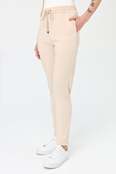Desen Triko Kadın Beli Bağcıklı Cepli Eşofman Pantolon Bej
