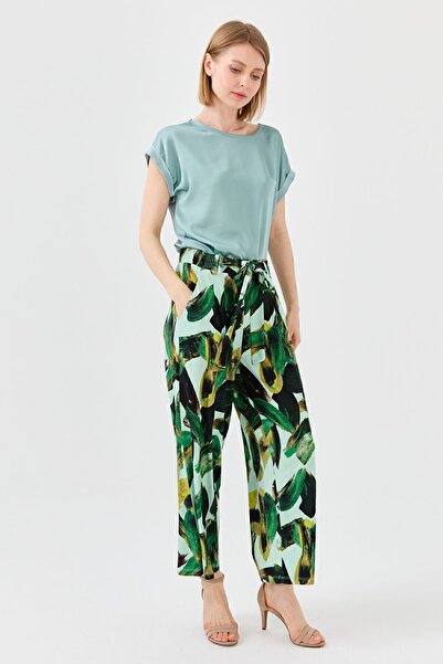 Desen Triko Women's Mixed Patterned Loose Cut Combed Cotton Trousers Green