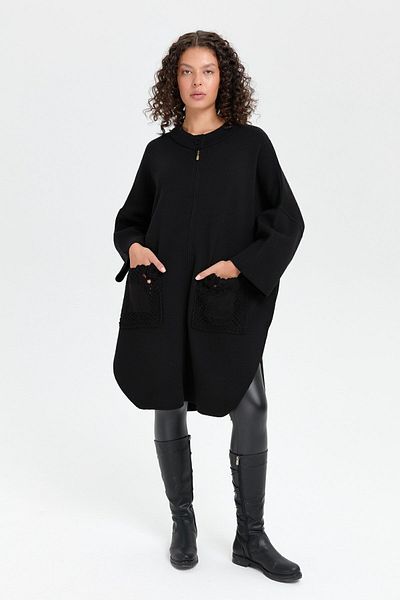 Desen Triko Black Rose Embroidered Stand Collar Women's Poncho - Zippered
