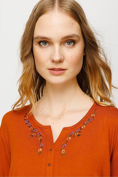 Desen Triko Γυναικεία Μπλούζα με Κέντημα Daisy με Βαμβακερή Μπλούζα Καφέ