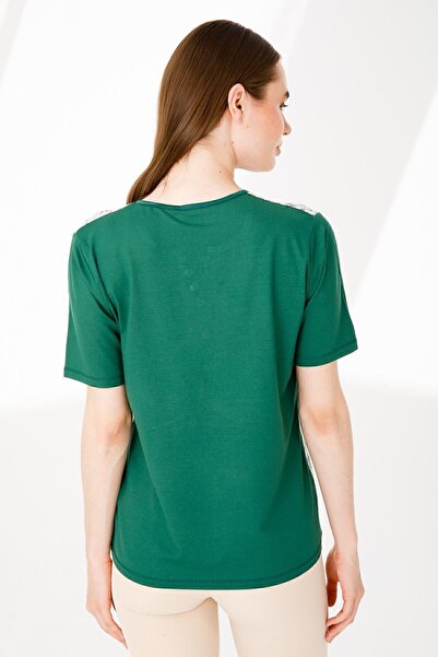 Desen Triko Γυναικεία μπλούζα με κοντό μανίκι με μοτίβο χτενισμένη βαμβακερή πράσινη