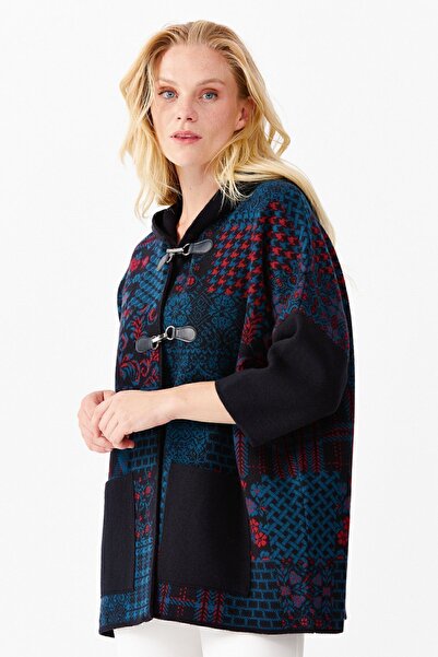 Desen Triko Women's Hooded Patchwork Houndstooth Patterned Three Color Poncho Dark Blue