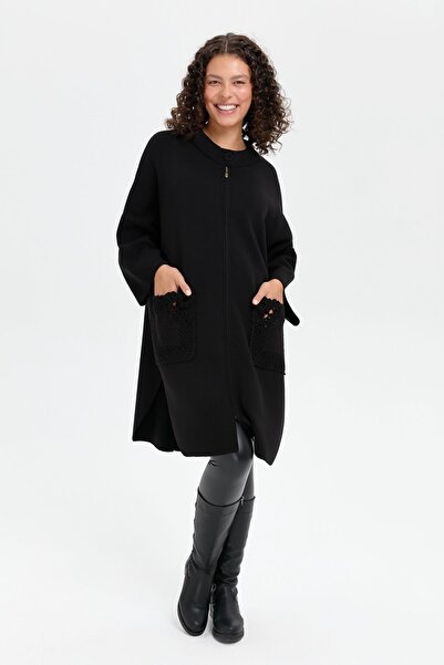 Desen Triko Black Rose Embroidered Stand Collar Women's Poncho - Zippered