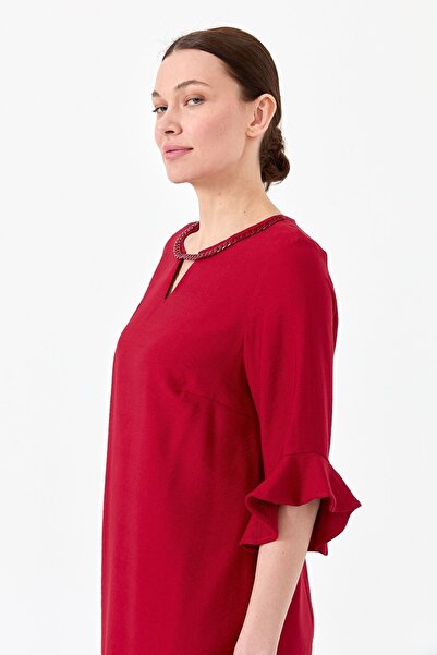 Desen Triko Women's Collar Chain Accessory Linen Dress Red