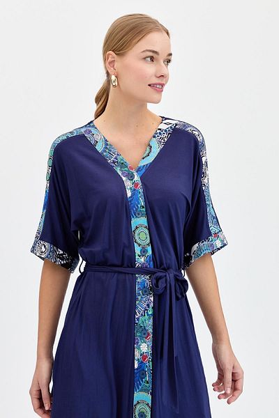 Desen Triko Rochie de damă, cu modele mixte, cu nasturi, din bumbac pieptănat, albastru bleumarin