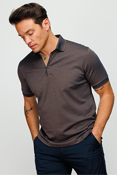 Desen Triko Ανδρικό μπλουζάκι με γιακά πόλο ζακάρ με τσέπες με κουμπιά καφέ