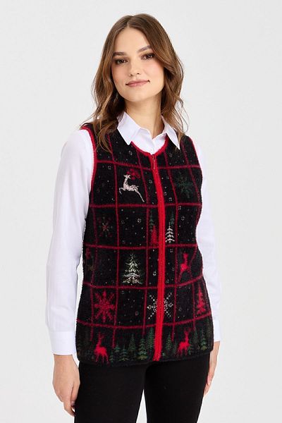 Desen Triko Women's Crew Neck Patchwork New Year Patterned Vest Black