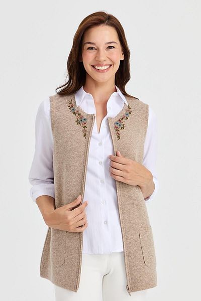 Desen Triko Women's Zero Collar Lace Embroidered Wool Vest Dark Beige