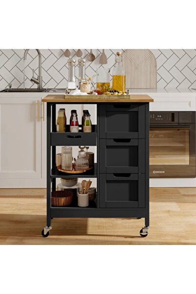 VARSTHREE 3 Çekmeceli ve 3 Depolama Raflı Tekerlekli Modern Mutfak Arabası