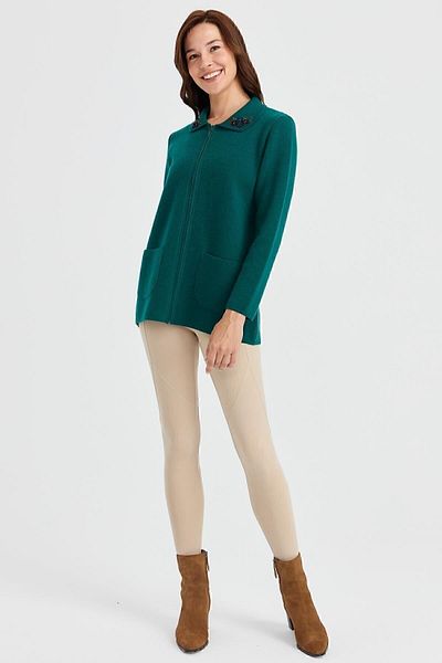 Desen Triko Guler polo damă cu cardigan din lână brodat din dantelă K.Ö.başı