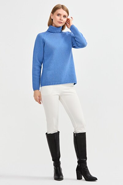 Desen Triko Pulover de damă din lână cu gât tricotat cu umeri - O.Blue