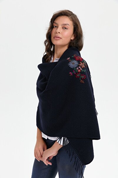 Desen Triko Navy Blue Women's Knitwear Wool Shawl - Brass Knitted Embroidered