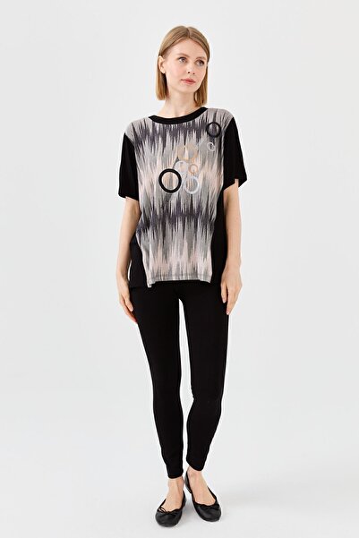 Desen Triko Women's Crew Neck Ring Patterned Combed Cotton T-shirt Black