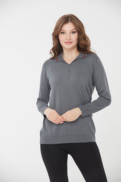 Desen Triko Women's Polo Neck Embroidered Sweater Smoked