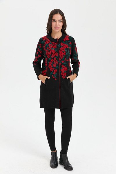Desen Triko Cardigan lung de lână cu guler vertical cu flori negre