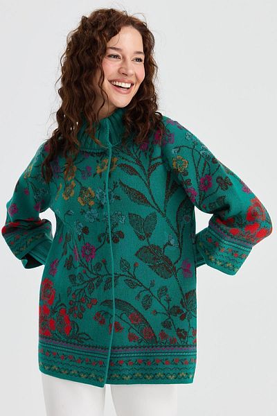 Desen Triko Jachetă de lână pentru femei Ivy Floral cu guler în picioare - A.ö.başı